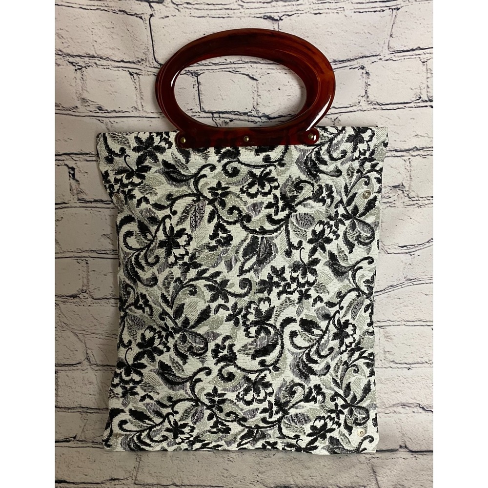 Vintage Lady's‎ Pride Foldable Black White Floral Tote Bag Lucite Handles
